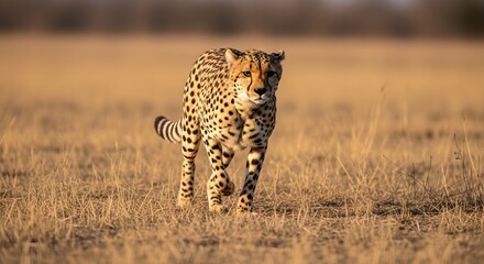 Naklejka premium Majestic spotted cheetah moving swiftly across the dry African savanna during golden hour light in wildlife photograph.