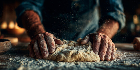 Hands kneading dough in a rustic kitchen during golden hour light