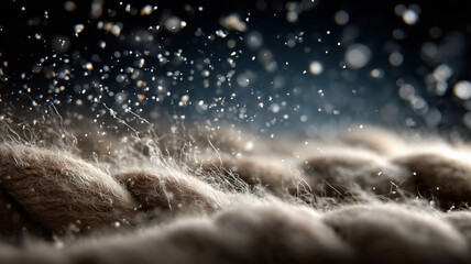 Close-up view of cloth fibers interacting with dust and flour in soft light