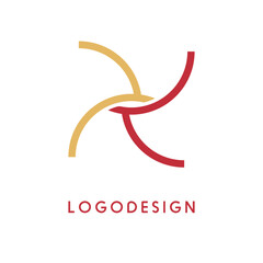 Abstract Geometric Cross Logo Design with Red and Gold Curved Lines; Modern Minimalist Brand Identity Icon for Global Business, Creative Studio, Tech Startup, and Innovation Agency