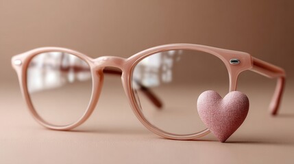  pair of glasses reflecting a heart, on a soft peach background