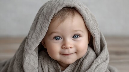  8-month-old baby playing peek-a-boo with a muslin cloth, pulling it down to reveal a beaming smile