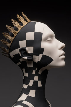 Surreal chess queen portrait with checkered skin and golden crown symbolizing strategy