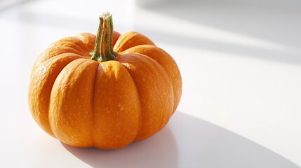 Pumpkin sits on a bright surface with natural light shining from the side during autumn season