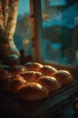 Warm bread cools by the window in a cozy kitchen at twilight