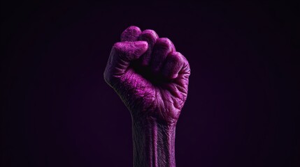 Fist raised in protest under purple light in a dark setting with strong focus on details