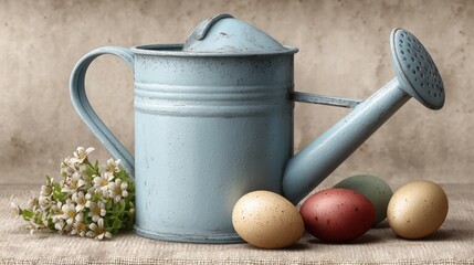 watering can with flowers sprouting from it, alongside a few Easter eggs