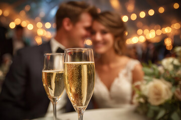 Celebrate love and reflection in a champagne flute at a wedding reception