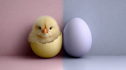  simple chick peeking out from a cracked pastel-colored egg, cute and joyful, flat design