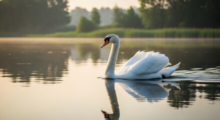 Fototapeta premium Majestic white swan glides peacefully upon calm water during the soft golden light of early morning sunrise