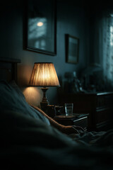 Soft glow of a bedside lamp as day fades into night