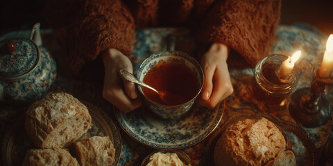 Evening tea ritual evokes warmth and tranquility in a cozy setting