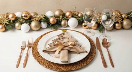 A festively set table with christmas decorations and a neatly arranged dinner plate.