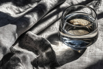 Elegant glass of water resting on a soft linen napkin in natural light