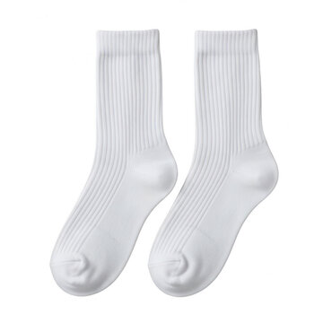 A pair of white athletic socks with ribbed texture and crew length. isolated on transparent background