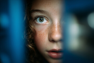 Unique glimpse from inside a school locker showing a curious child's eye