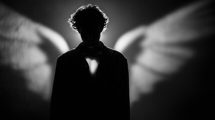 Human silhouette with split pair of wings in dramatic lighting at twilight
