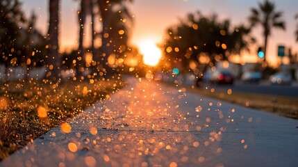 Sunlight shines through water droplets on sidewalk during sunset near palm trees in urban setting