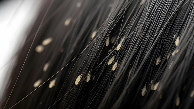 Very close-up, detailed shot reveals numerous tiny lice nits attached to strands of dark human hair.