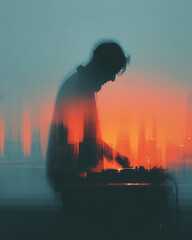 Silhouette of a DJ spinning tracks against a vibrant city sunset backdrop
