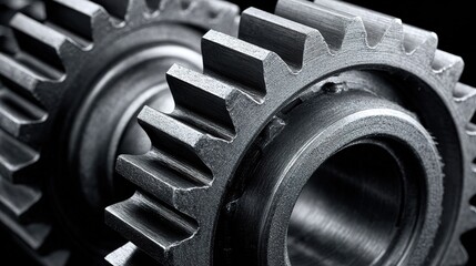 Close-up view of two metallic gears showing texture and detail in a workshop setting during daytime