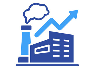 Obraz premium Blue factory icon with rising arrow graph for industry growth
