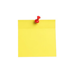 A yellow sticky note pinned to a white background with a red pin. isolated on transparent background