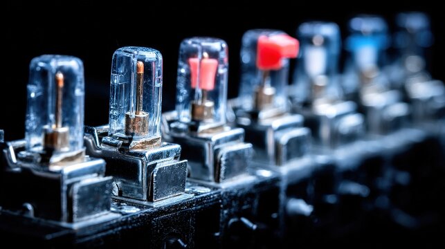 Close-up of electronic components on a circuit board showing various switches and their features in a dark setting