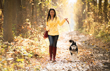 Obraz premium The girl is walking along the forest with her husky dog