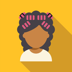 Woman with dark skin and curly hair preparing a hairdo using pink hair rollers