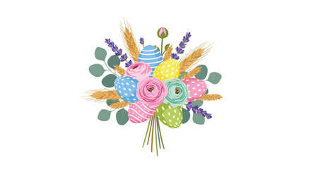 Festive Easter bouquet featuring colorful decorated eggs, delicate roses, aromatic lavender, eucalyptus leaves, and