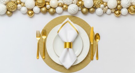 Elegant table setting with gold and white decorations for a special occasion.