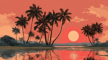 Obraz premium Tropical sunset with palm trees flat vector illustration --ar 16:9 --v 7 Job ID: f28674df-310a-4679-905f-d6d440a2406e