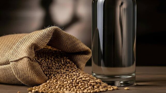 Grain pouring into glass from burlap sack in slow motion on rustic wooden table