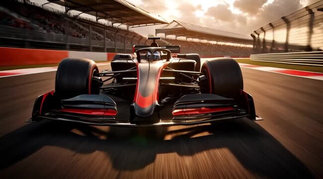 Front tracking shot of unbranded race car racing on track at sunset