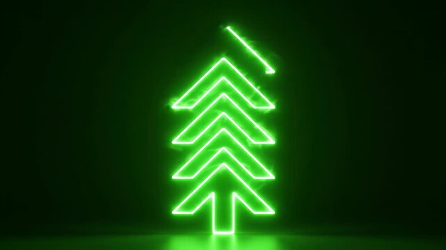 Animated neon green outline of a stylized Christmas tree forming and glowing on a dark reflective surface in a seamless loop.