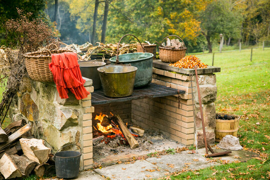 Pittsburgh, PA. Outdoor fire pit area with pots