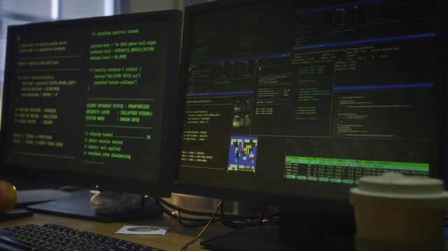 No people shot of multiple computer screens running scripts on cybercriminal desk in hidden room during nighttime intrusion