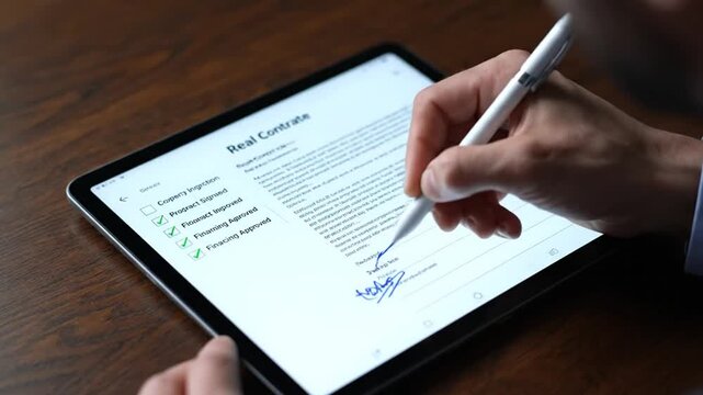 Person signing digital document on tablet with stylus pen