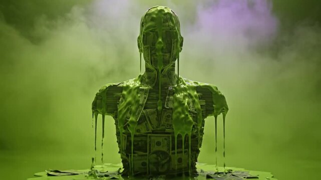 Melting money figure with toxic green ooze, an abstract representation of financial corruption and societal decay