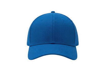 A vibrant blue baseball cap with a curved brim and adjustable strap isolated on transparent background