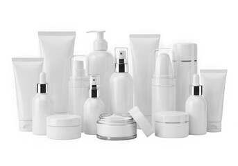 A variety of white plastic containers and lids arranged neatly on a white background isolated on transparent background