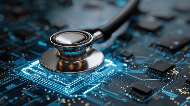 Stethoscope resting on a glowing blue circuit board representing digital health and technological innovation in medicine --ar 16:9 --v 7 Job ID: 44f1c99e-6599-47c4-aff7-c461666eb300