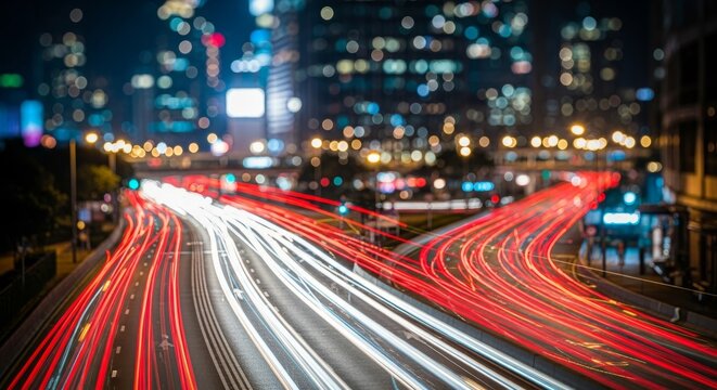 City highway at night with speeding cars and blurred lights