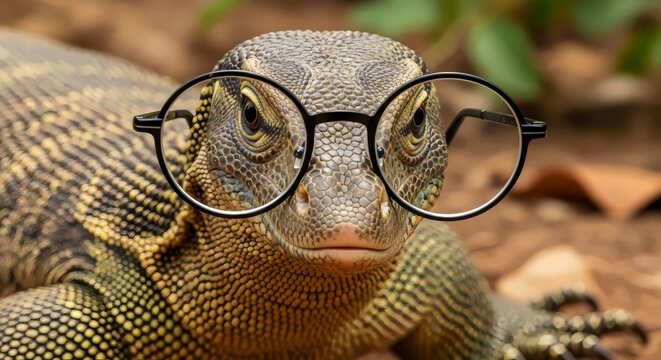 Exotic reptile photography featuring monitor lizard varan in glasses highlighting humorous wildlife character