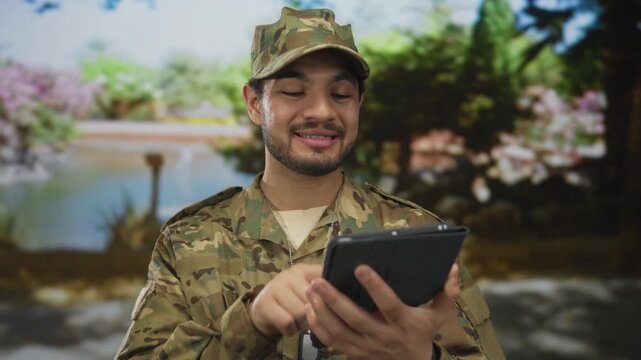 Hispanic man in camouflage uniform holds tablet and points finger to screen in green park; concentration.