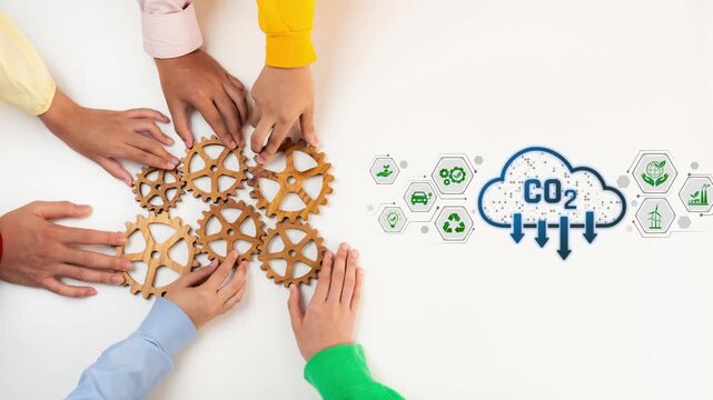 Diverse hands work together with gears symbolizing innovation, while a cloud with CO2 icons represents sustainability and eco-friendly solutions for a better future. Raster