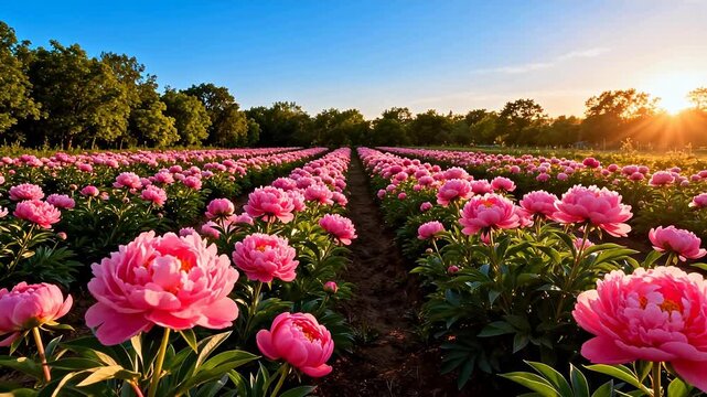 Rows of pink peonies in a field at sunset