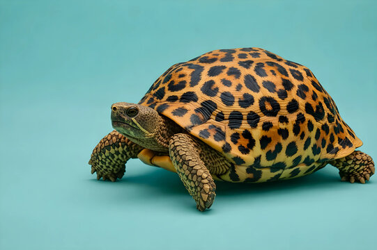 An AI-generated image of a tortoise with a high-domed, vibrant orange shell covered in black leopard-like rosettes, standing against a solid teal background.