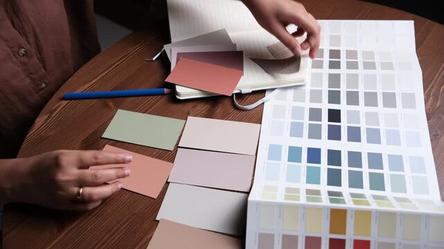 Interior designer mood board with material and paint samples spread on desk, Designer at work 